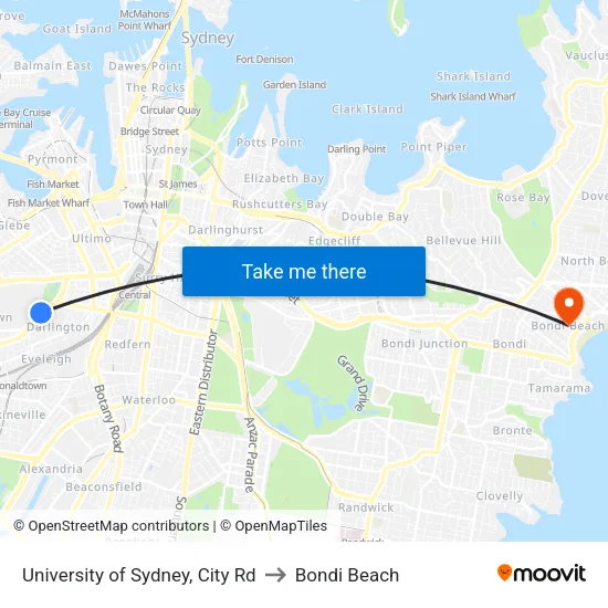 University of Sydney, City Rd to Bondi Beach map