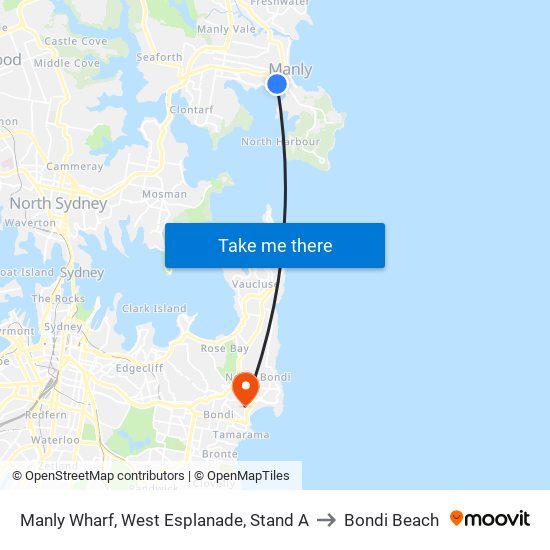 Manly Wharf, West Esplanade, Stand A to Bondi Beach map