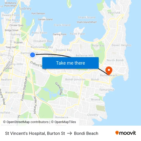 St Vincent's Hospital, Burton St to Bondi Beach map