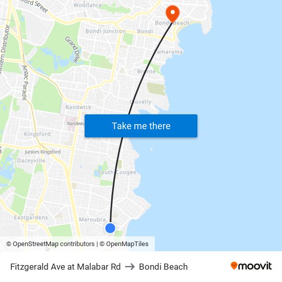 Fitzgerald Ave at Malabar Rd to Bondi Beach map