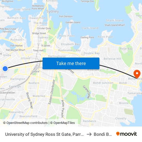University of Sydney Ross St Gate, Parramatta Rd to Bondi Beach map