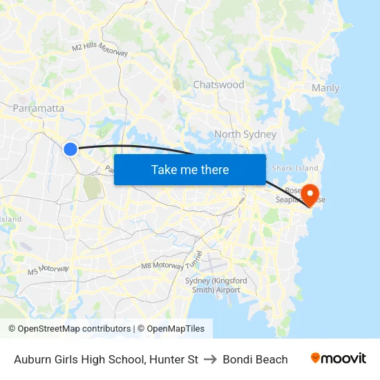 Auburn Girls High School, Hunter St to Bondi Beach map