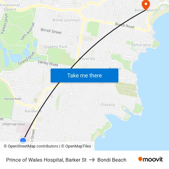 Prince of Wales Hospital, Barker St to Bondi Beach map