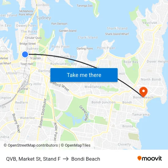 QVB, Market St, Stand F to Bondi Beach map