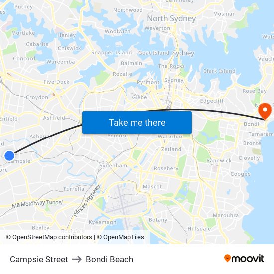 Campsie Street to Bondi Beach map