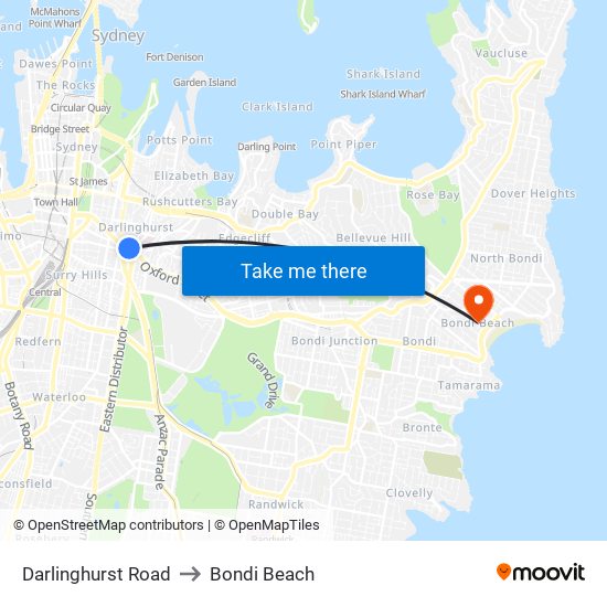 Darlinghurst Road to Bondi Beach map