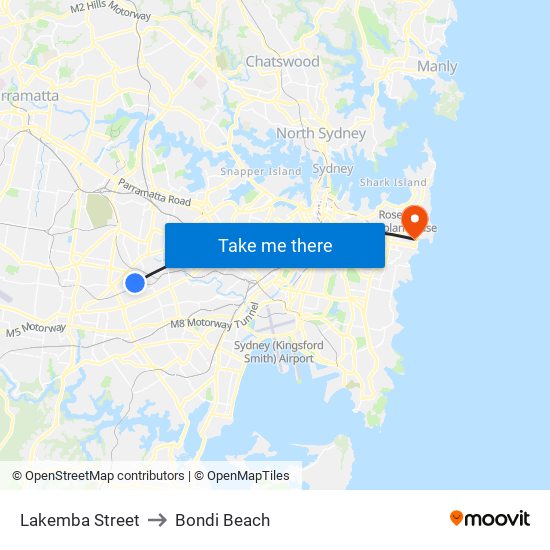 Lakemba Street to Bondi Beach map