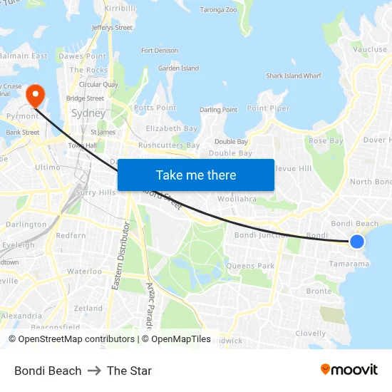 Bondi Beach to The Star map