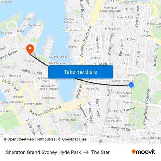 Sheraton Grand Sydney Hyde Park to The Star map
