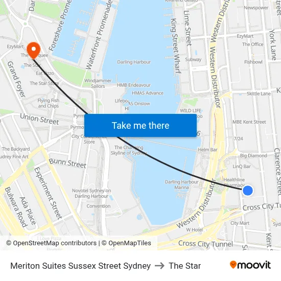 Meriton Suites Sussex Street Sydney to The Star map