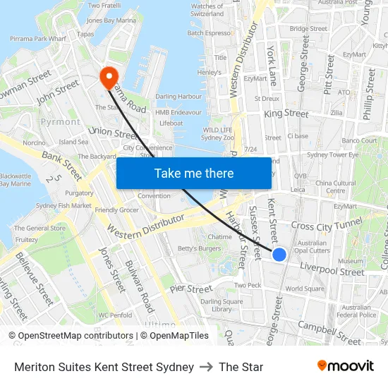 Meriton Suites Kent Street Sydney to The Star map