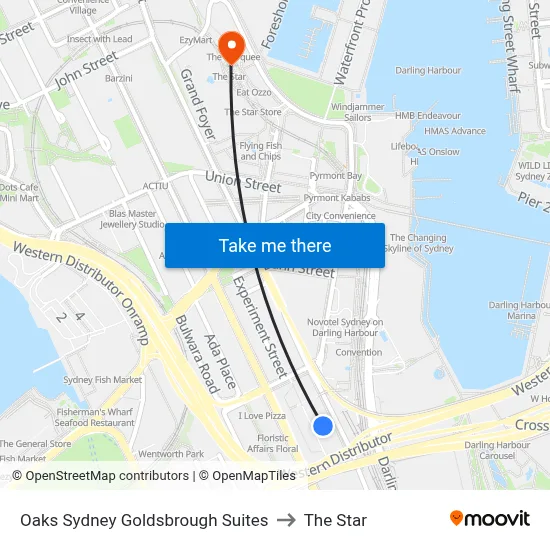 Oaks Sydney Goldsbrough Suites to The Star map