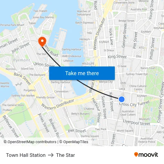Town Hall Station to The Star map