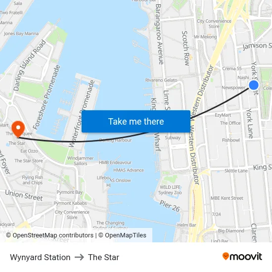 Wynyard Station to The Star map