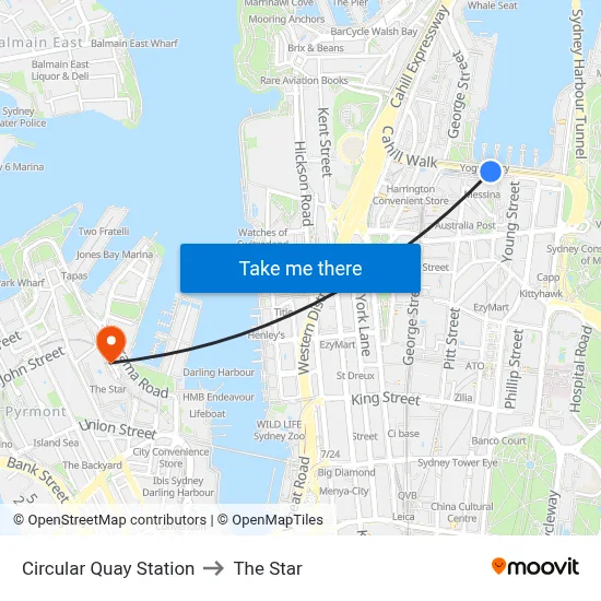 Circular Quay Station to The Star map