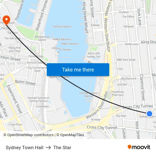 Sydney Town Hall to The Star map