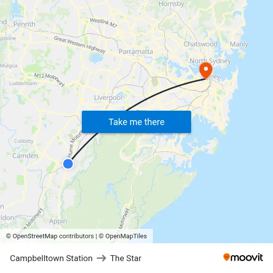 Campbelltown Station to The Star map