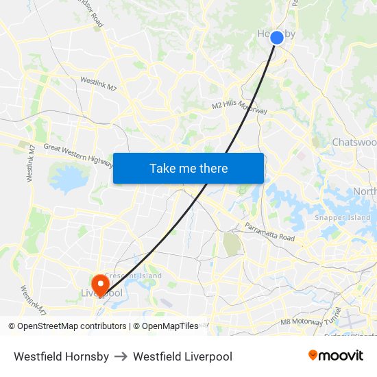 Westfield Hornsby to Westfield Liverpool map
