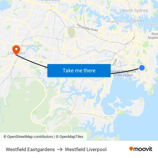 Westfield Eastgardens to Westfield Liverpool map