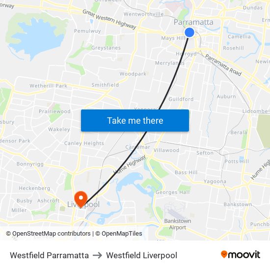 Westfield Parramatta to Westfield Liverpool map