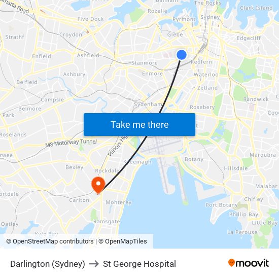 Darlington (Sydney) to St George Hospital map
