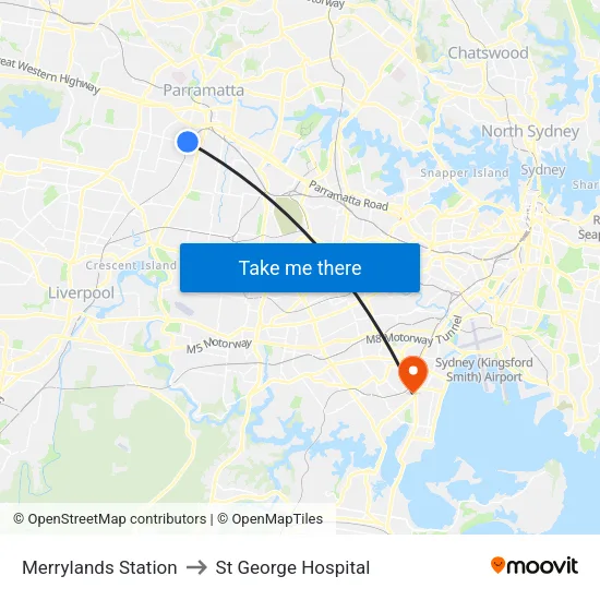 Merrylands Station to St George Hospital map