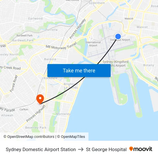 Sydney Domestic Airport Station to St George Hospital map