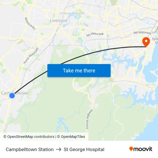 Campbelltown Station to St George Hospital map