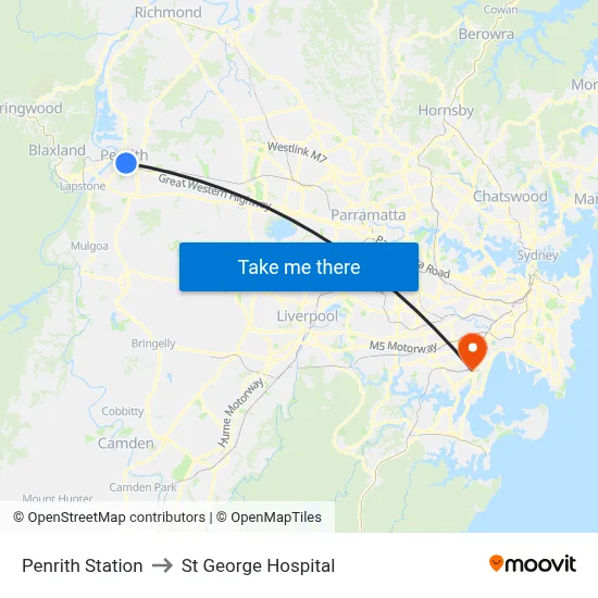 Penrith Station to St George Hospital map