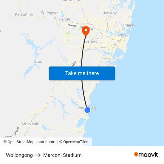 Wollongong to Marconi Stadium map