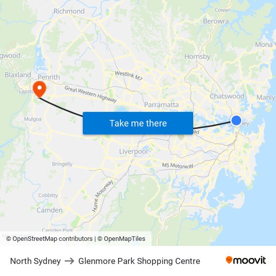 North Sydney to Glenmore Park Shopping Centre map