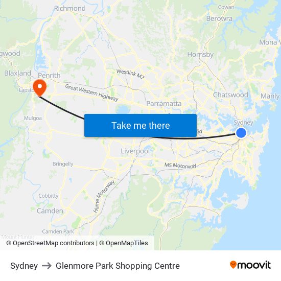 Sydney to Glenmore Park Shopping Centre map