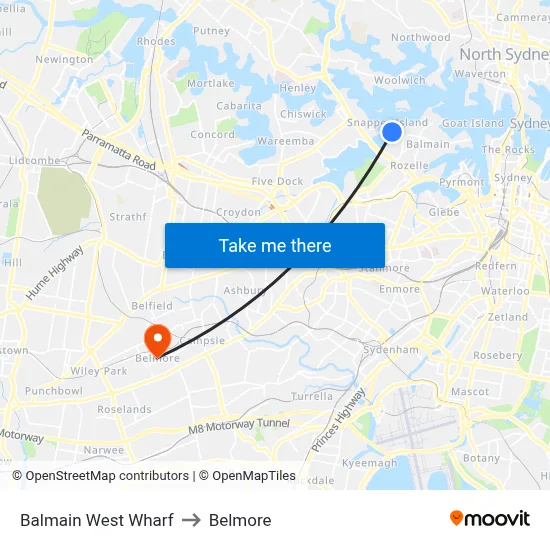 Balmain West Wharf to Belmore map