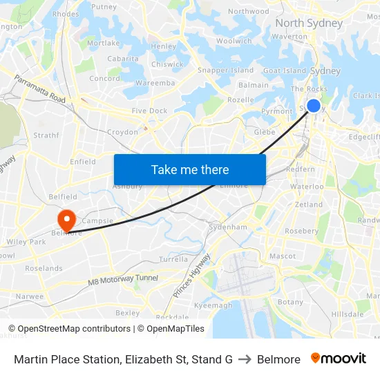 Martin Place Station, Elizabeth St, Stand G to Belmore map