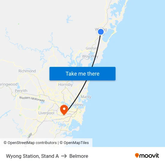 Wyong Station, Stand A to Belmore map