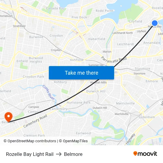 Rozelle Bay Light Rail to Belmore map