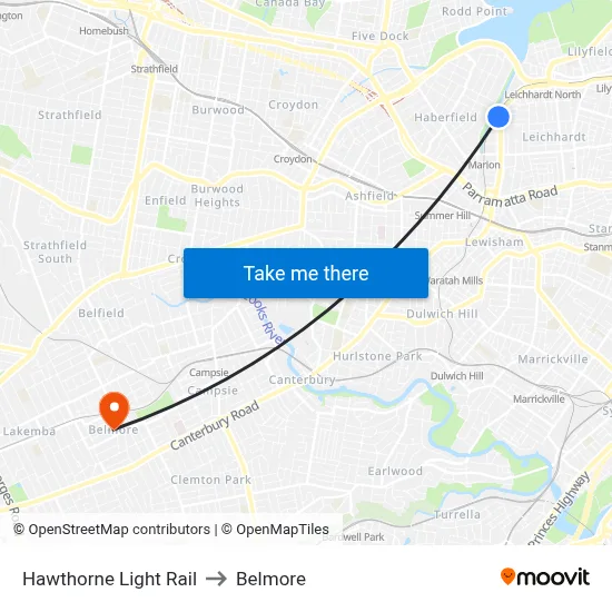 Hawthorne Light Rail to Belmore map
