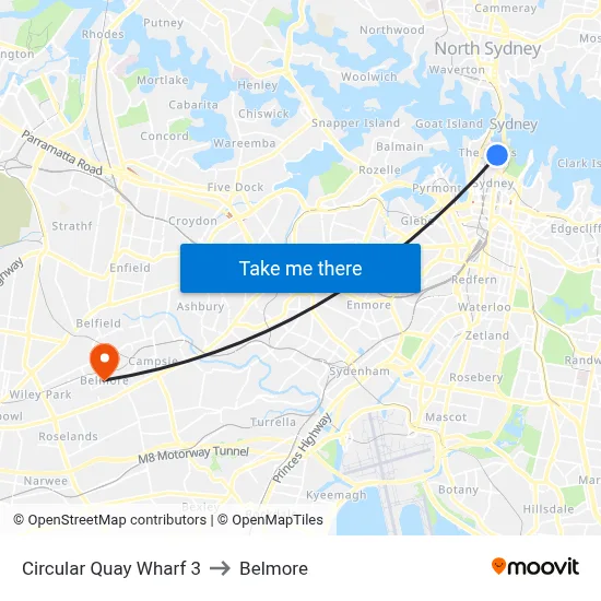 Circular Quay Wharf 3 to Belmore map