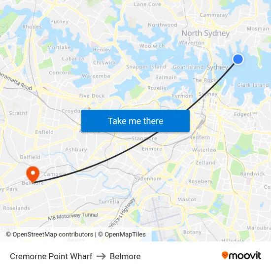 Cremorne Point Wharf to Belmore map