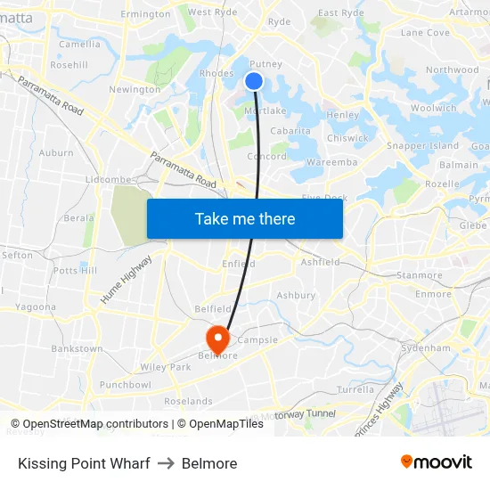 Kissing Point Wharf to Belmore map