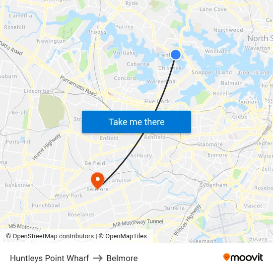 Huntleys Point Wharf to Belmore map