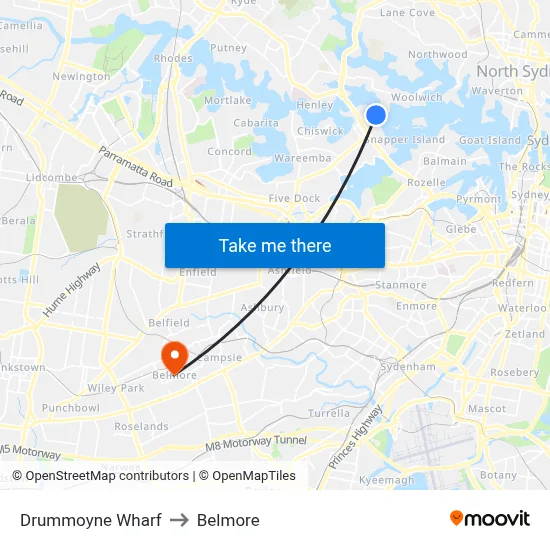 Drummoyne Wharf to Belmore map