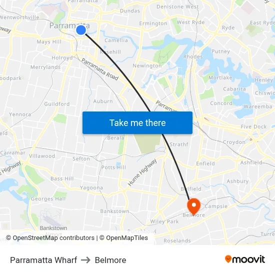Parramatta Wharf to Belmore map