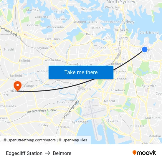 Edgecliff Station to Belmore map