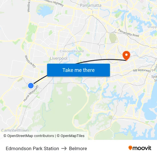 Edmondson Park Station to Belmore map