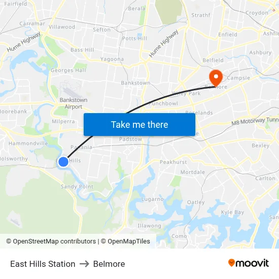 East Hills Station to Belmore map