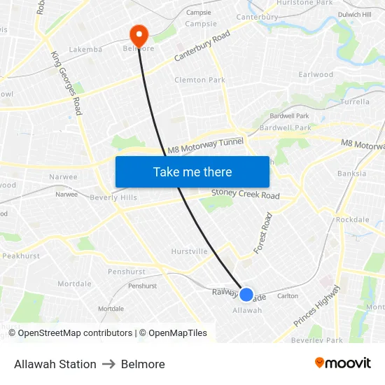 Allawah Station to Belmore map