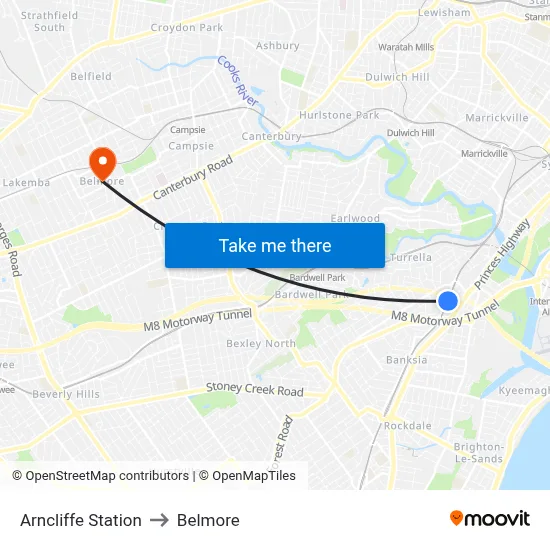 Arncliffe Station to Belmore map