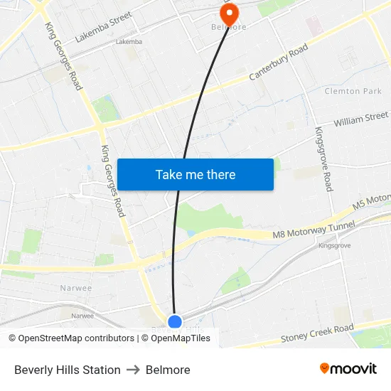 Beverly Hills Station to Belmore map