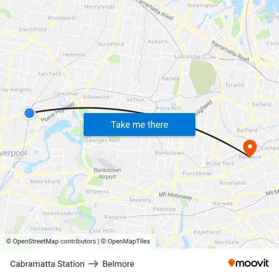 Cabramatta Station to Belmore map